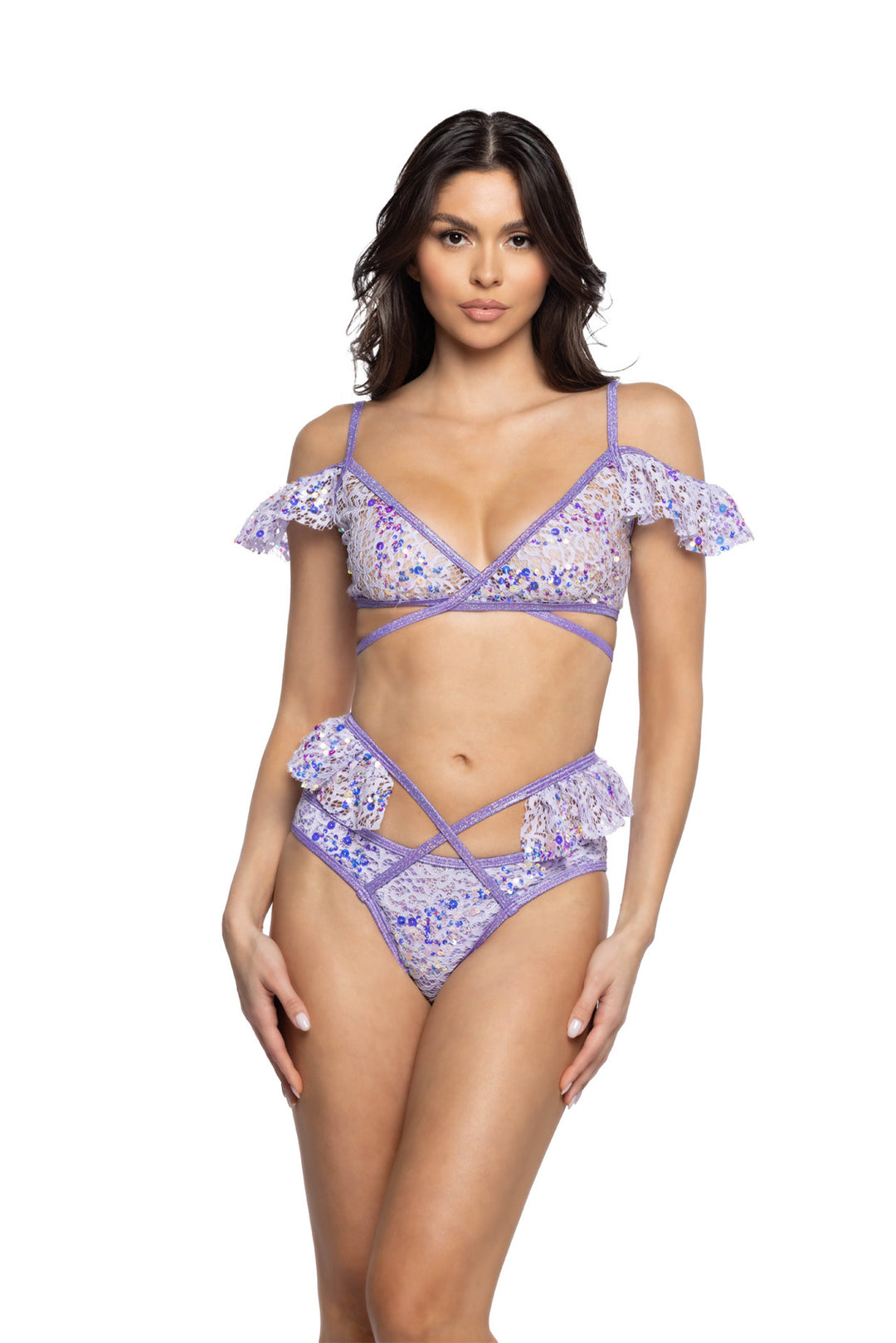 JR128 - Sequin Lace Ruffle Wrap Top***20% OFF